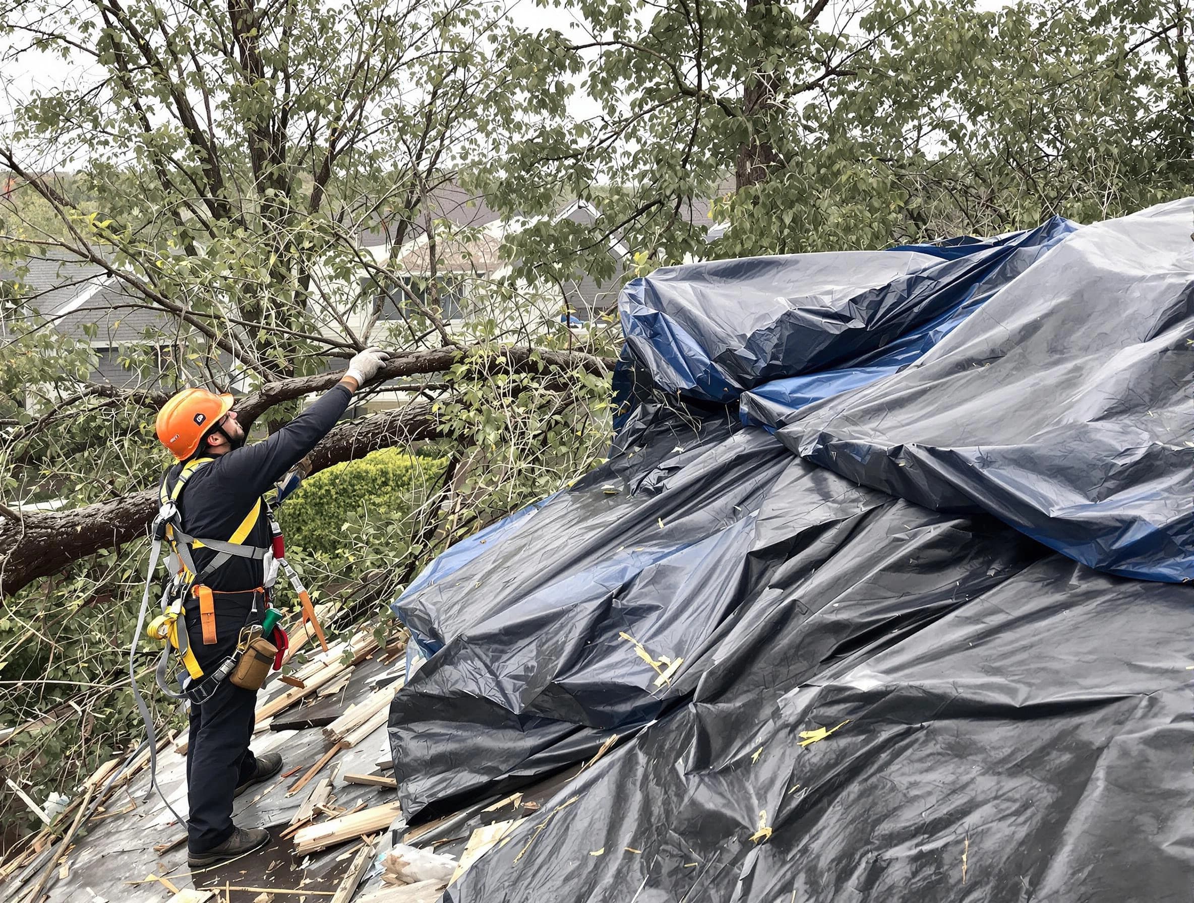 A tarped roof after storm damage repaired by Parma Heights Roofing Company in Parma Heights, OH