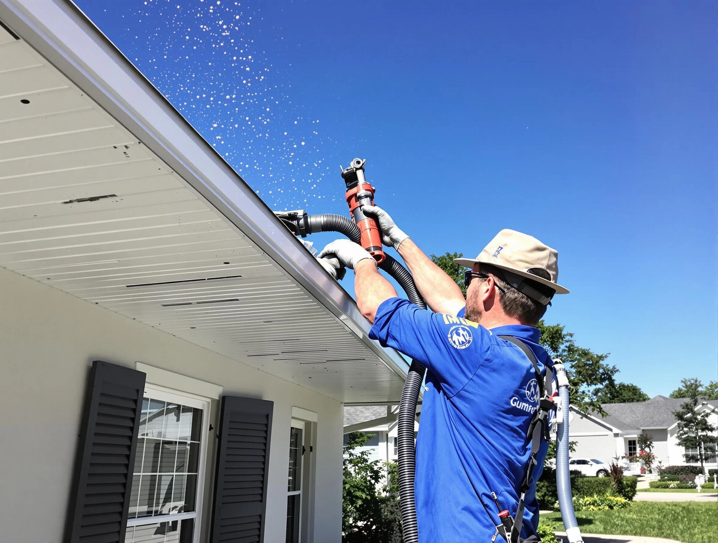 Technician completing a gutter cleaning project by Parma Heights Roofing Company in Parma Heights, OH